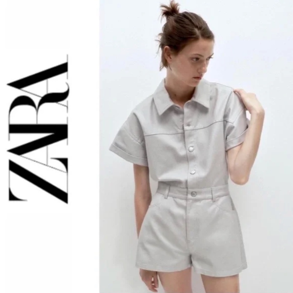 NWT Zara High-Waist Shimmer Denim Cotton Romper